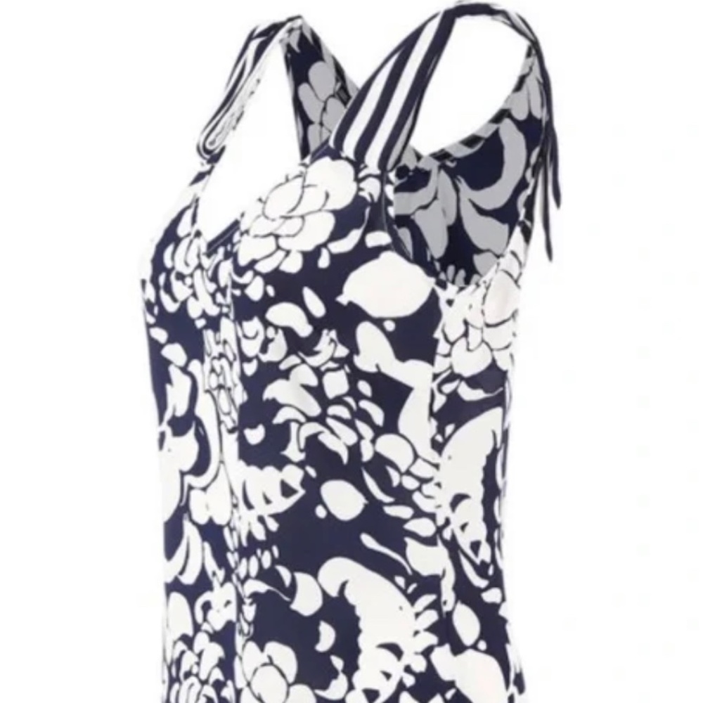 Cabi #5731 shoulder tie top, blue & white, sleeveless blouse